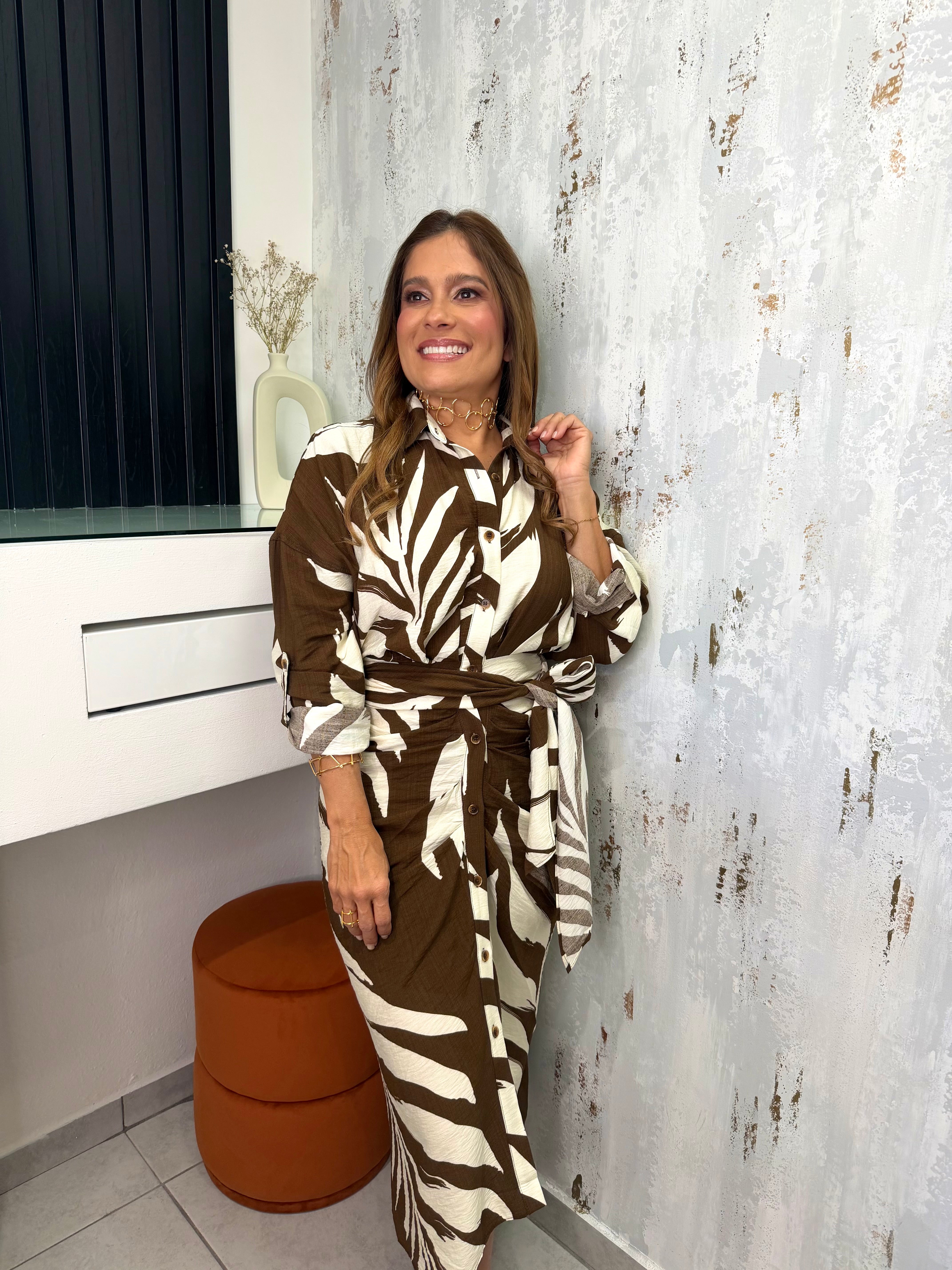 Tropical Print Button-Down Midi Dress